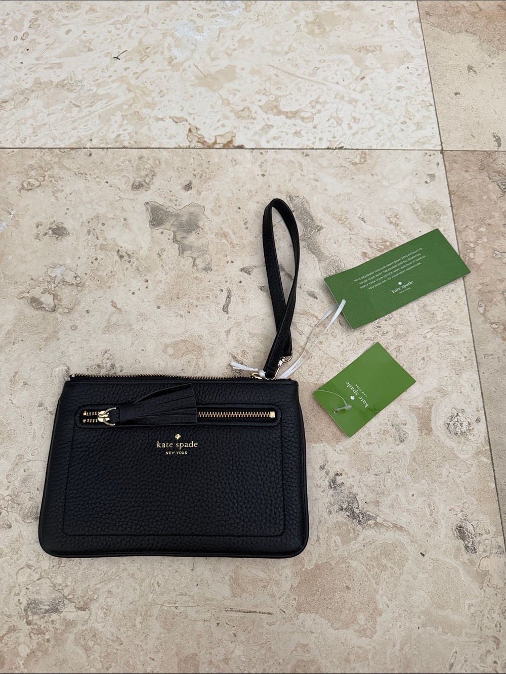 kate spade Black Pebbled Leather Wristlet with Gold Hardware